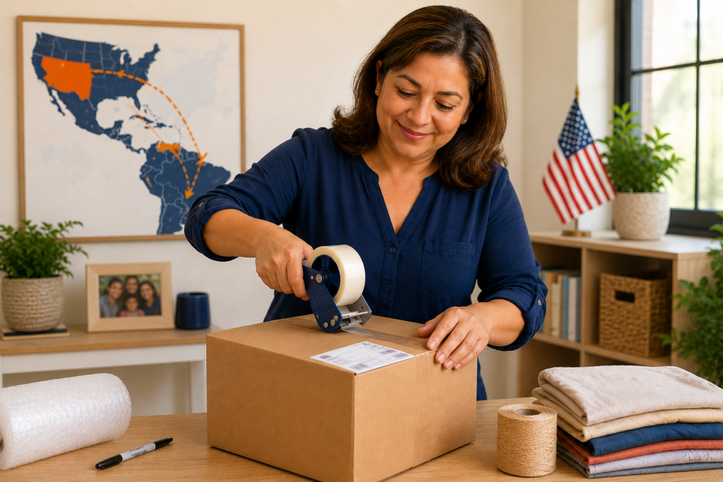 Mujer preparando una caja para envío desde Estados Unidos a Latinoamérica con servicio de paquetería internacional.