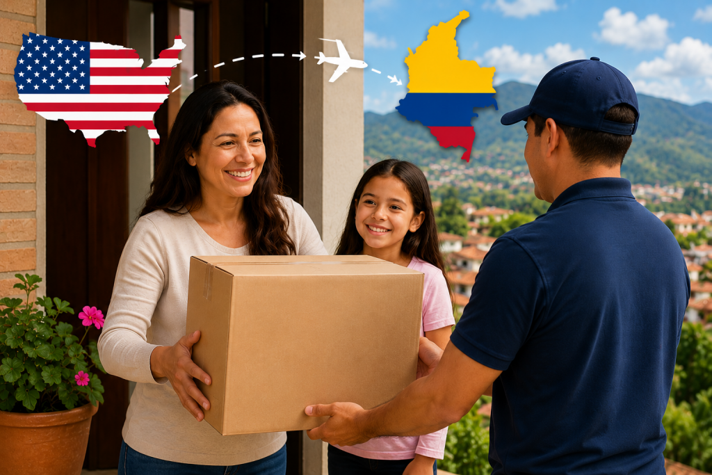 Familia recibiendo paquete enviado desde Estados Unidos a Colombia mediante servicio puerta a puerta.