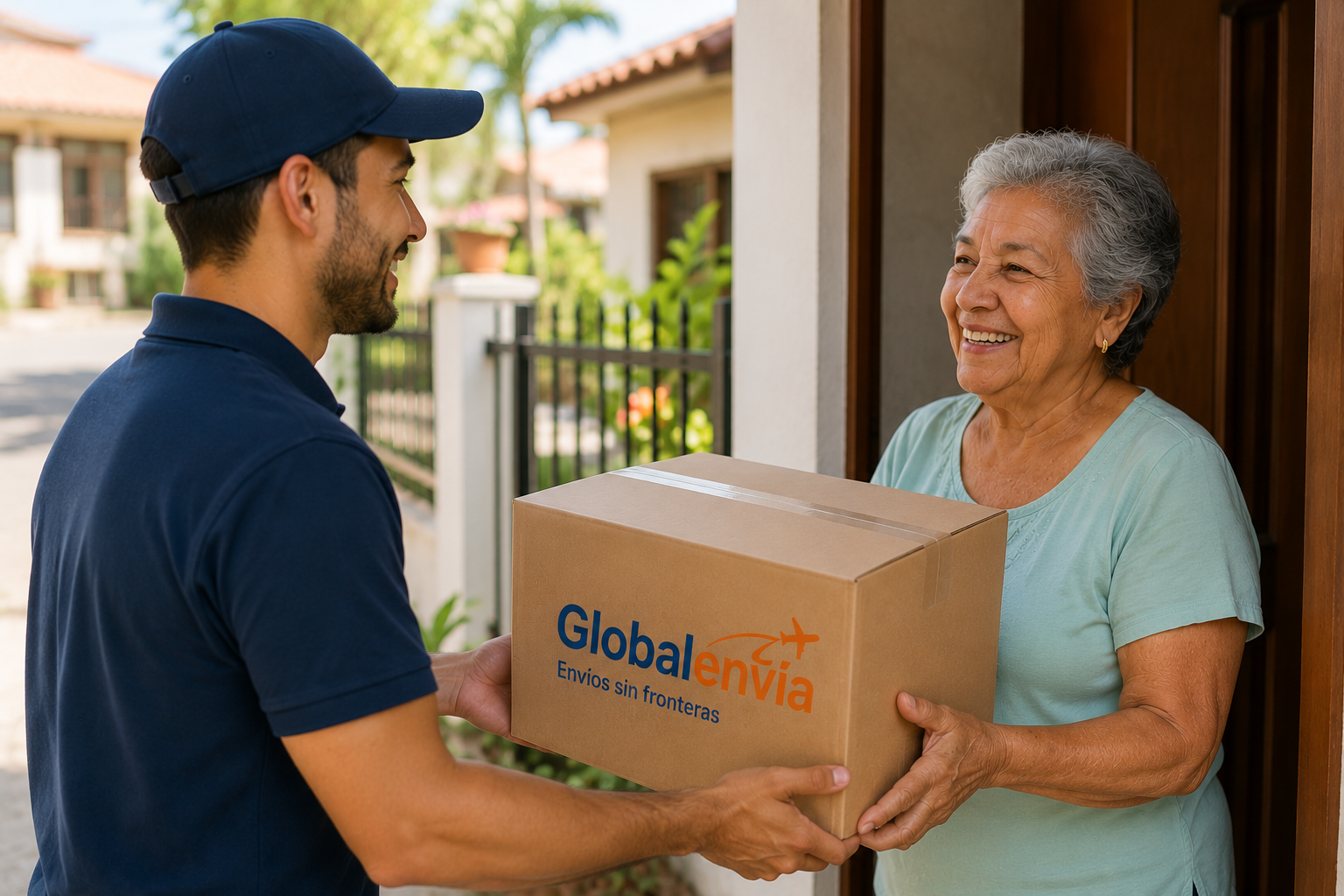 Cliente recibiendo una caja de Globalenvía en la puerta de su casa en Costa Rica después de un envío marítimo desde Estados Unidos.