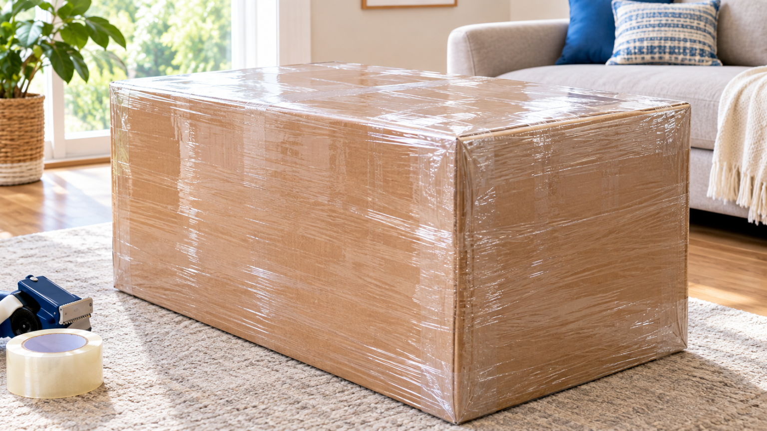 Caja correctamente protegida con cinta transparente para envíos a Ecuador desde USA